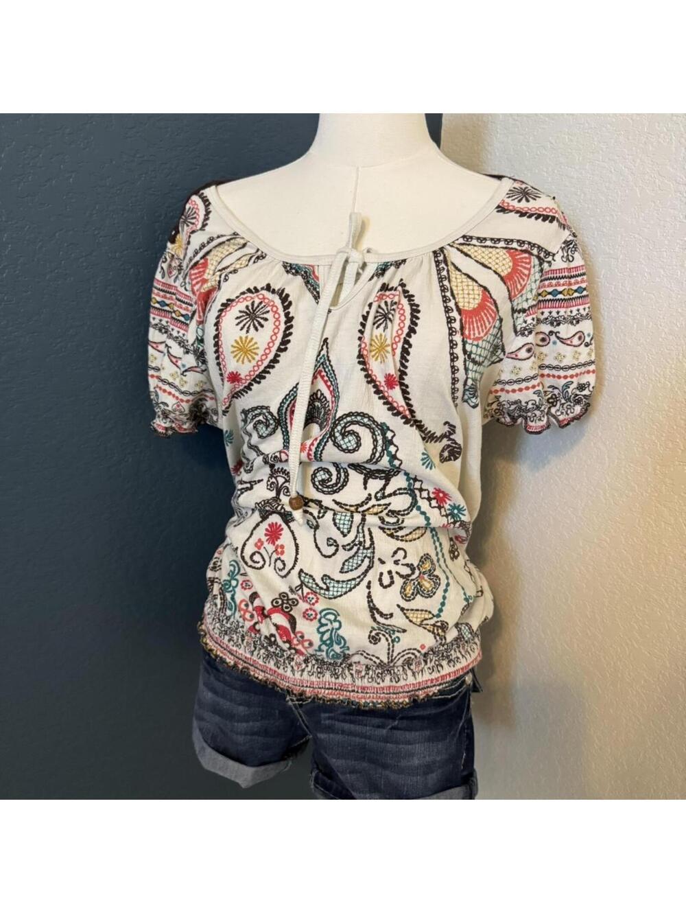 Y2K Almost Famous Crochet Boho Butterfly Paisley Peasant Top, XL